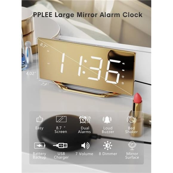 Gold Loud Alarm Clock Heavy Sleeper 2 Alarms Big Display Clock with Bed Shaker - Picture 4 of 6